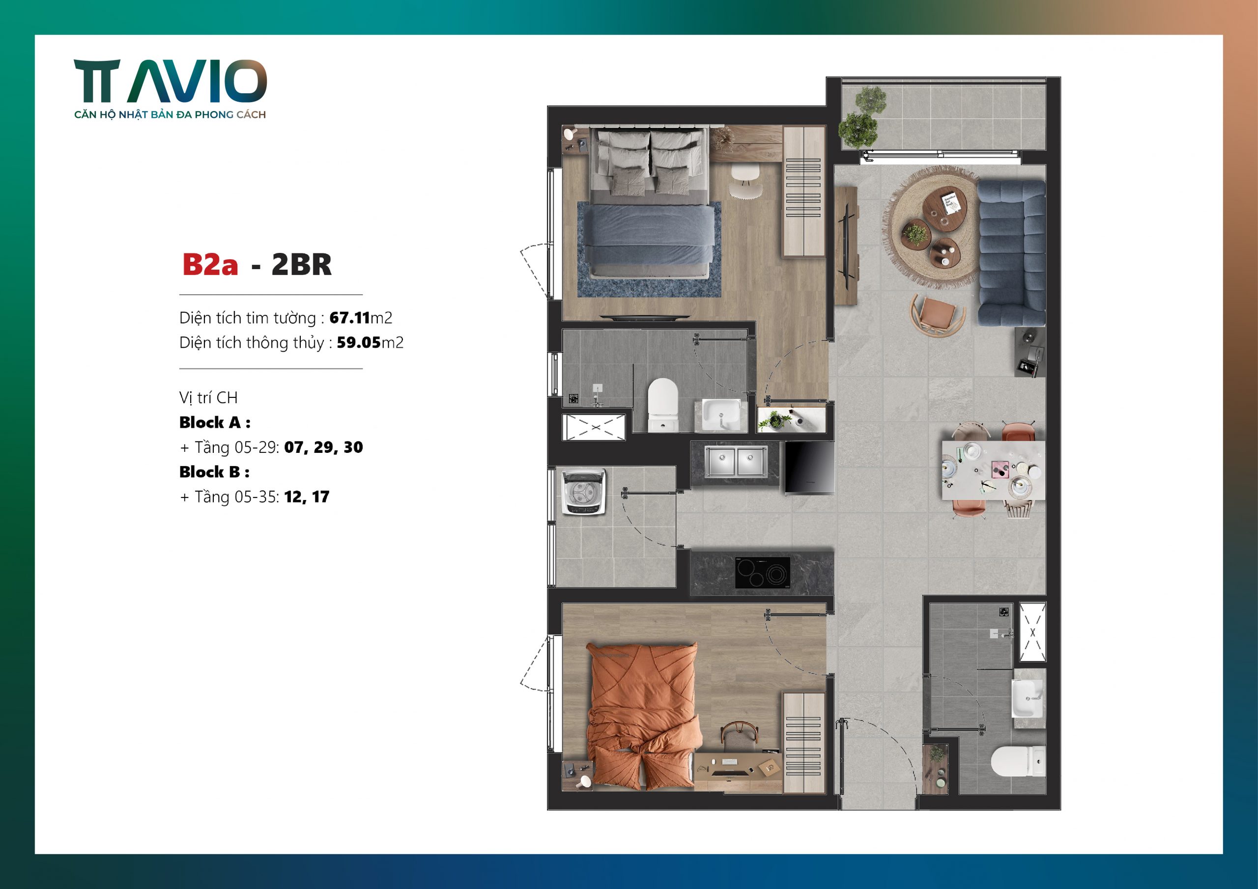 THIẾT KẾ CĂN HỘ 2PN2WC 67M2 TT AVIO