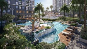 Khu hồ bơi, bar và lounge ngoài trời tại căn hộ TT Genesis