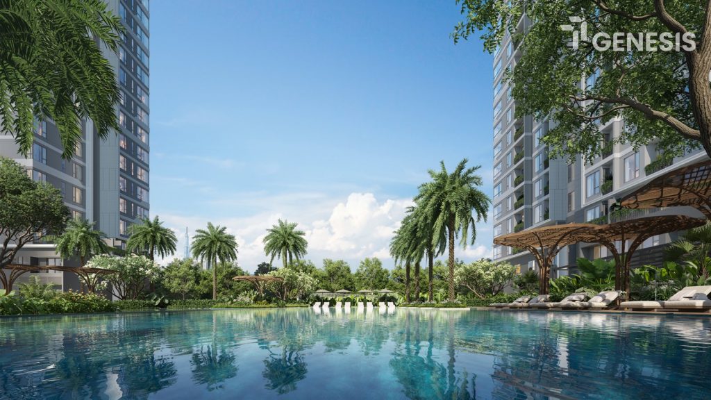Hồ bơi resort xanh mát giữa hai tòa tháp căn hộ TT Genesis Nhà Bè
