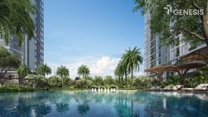 Hồ bơi resort xanh mát giữa hai tòa tháp căn hộ TT Genesis Nhà Bè
