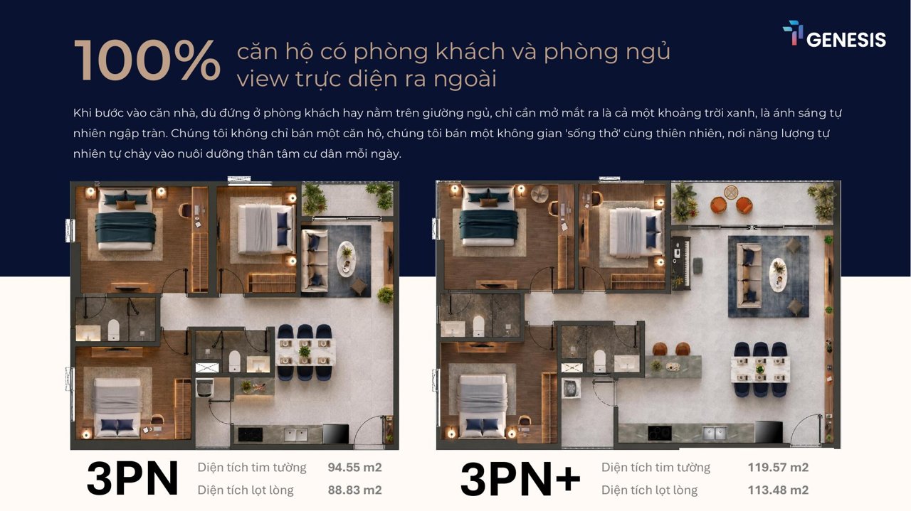 Mặt bằng căn hộ 3 phòng ngủ TT Genesis rộng rãi cho gia đình