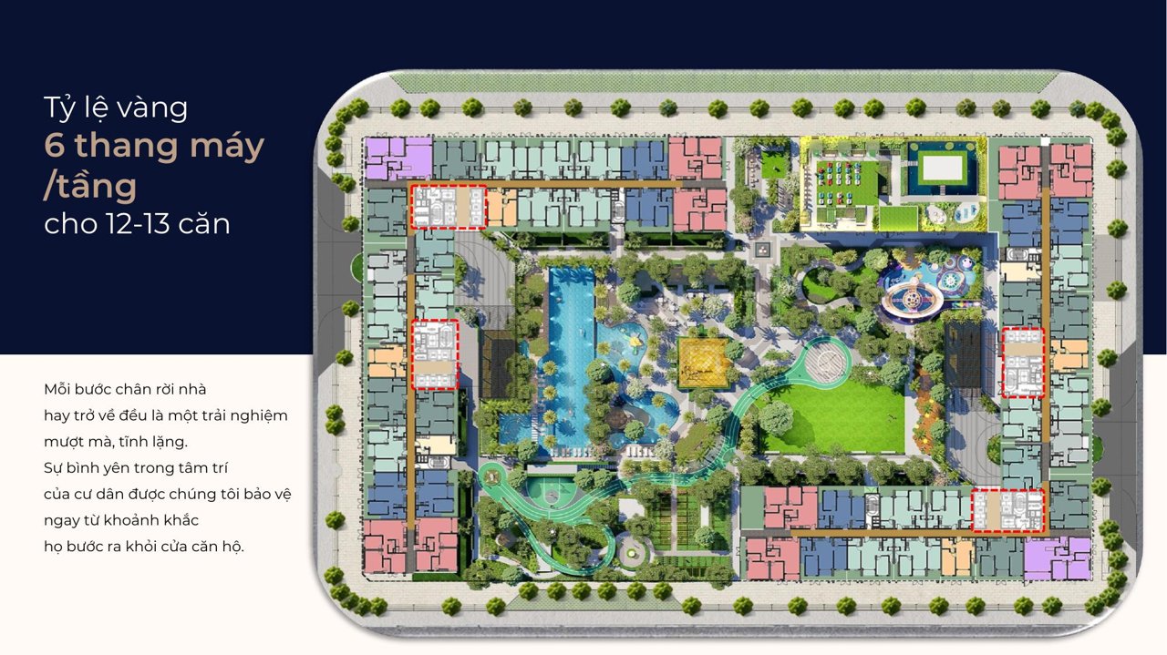 Thiết kế tỷ lệ vàng 6 thang máy mỗi tầng cho 12-13 căn tại TT Genesis
